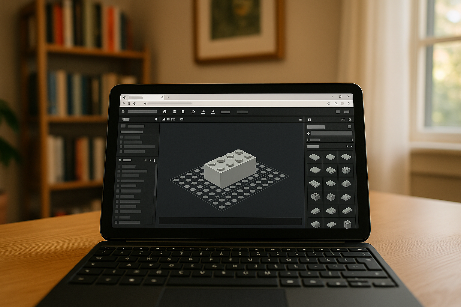 Designer working with BrickLink Studio Mobile on laptop via cloud PC
