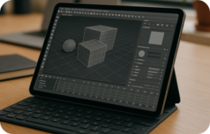 3D designer using 3ds Max software in a browser workspace