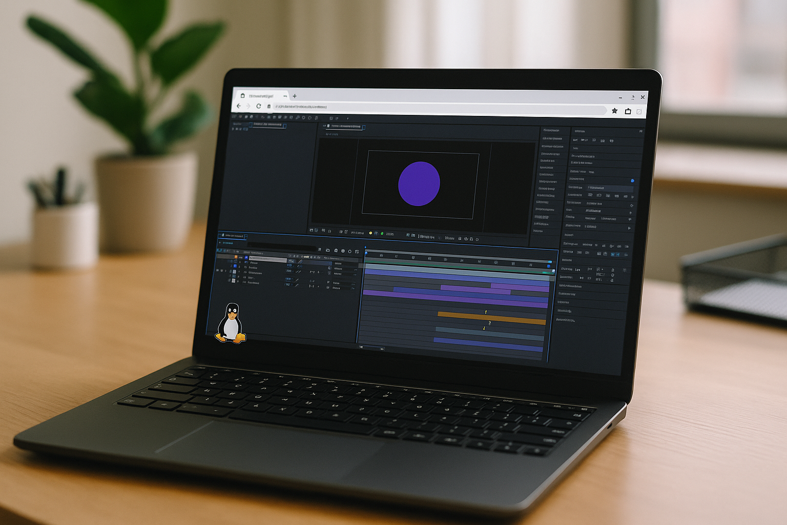 The best way to run After Effects on Linux: a ready-to-use browser workstation - realistic Linux laptop workspace with After Effects