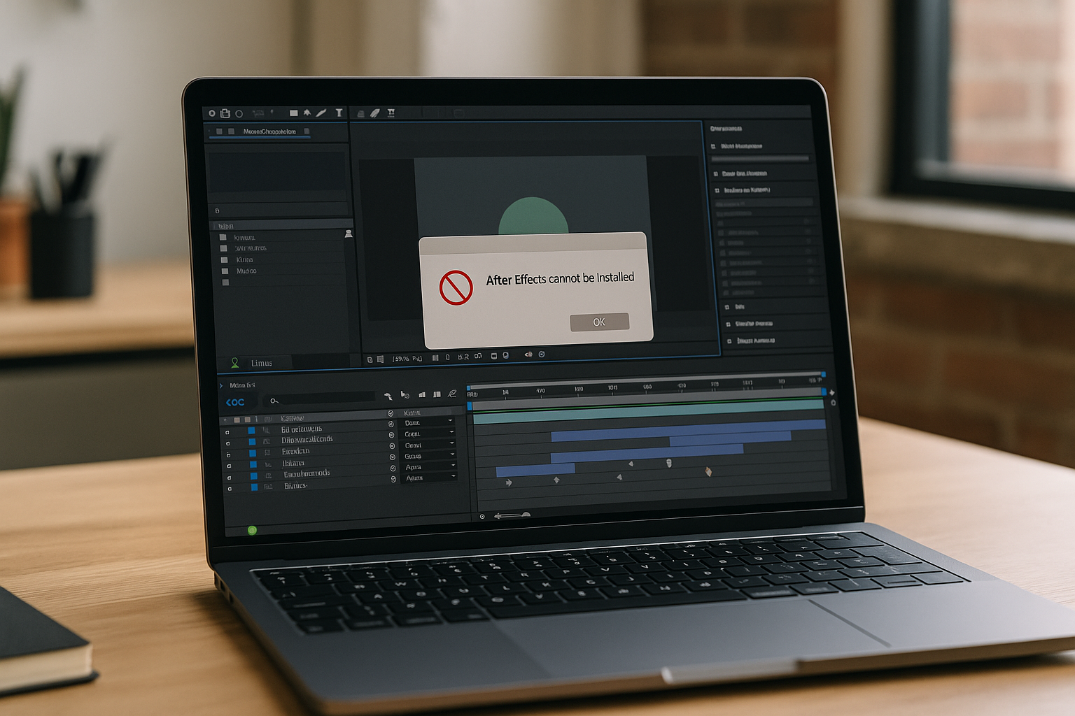 The real pain of After Effects on Linux for working editors - realistic Linux laptop workspace with After Effects