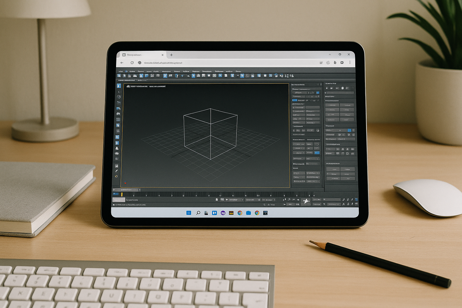 3D designer using 3ds Max software in a browser workspace
