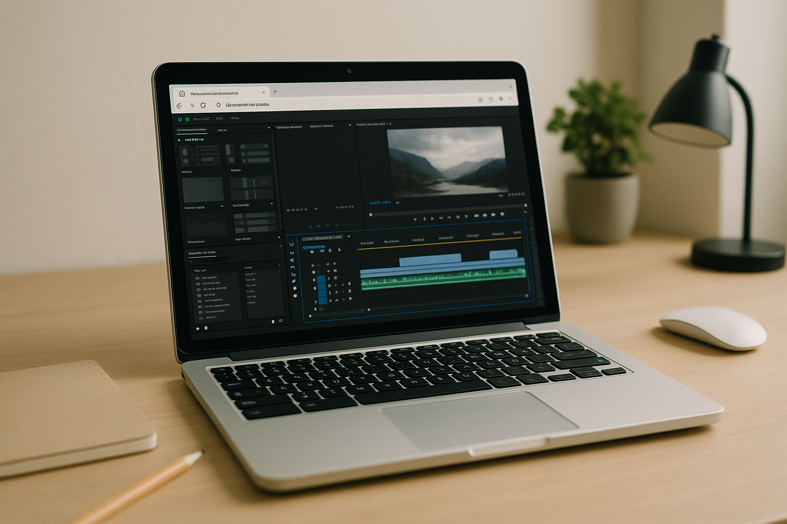 Editor using Premiere Pro on a Chromebook through a browser workspace
