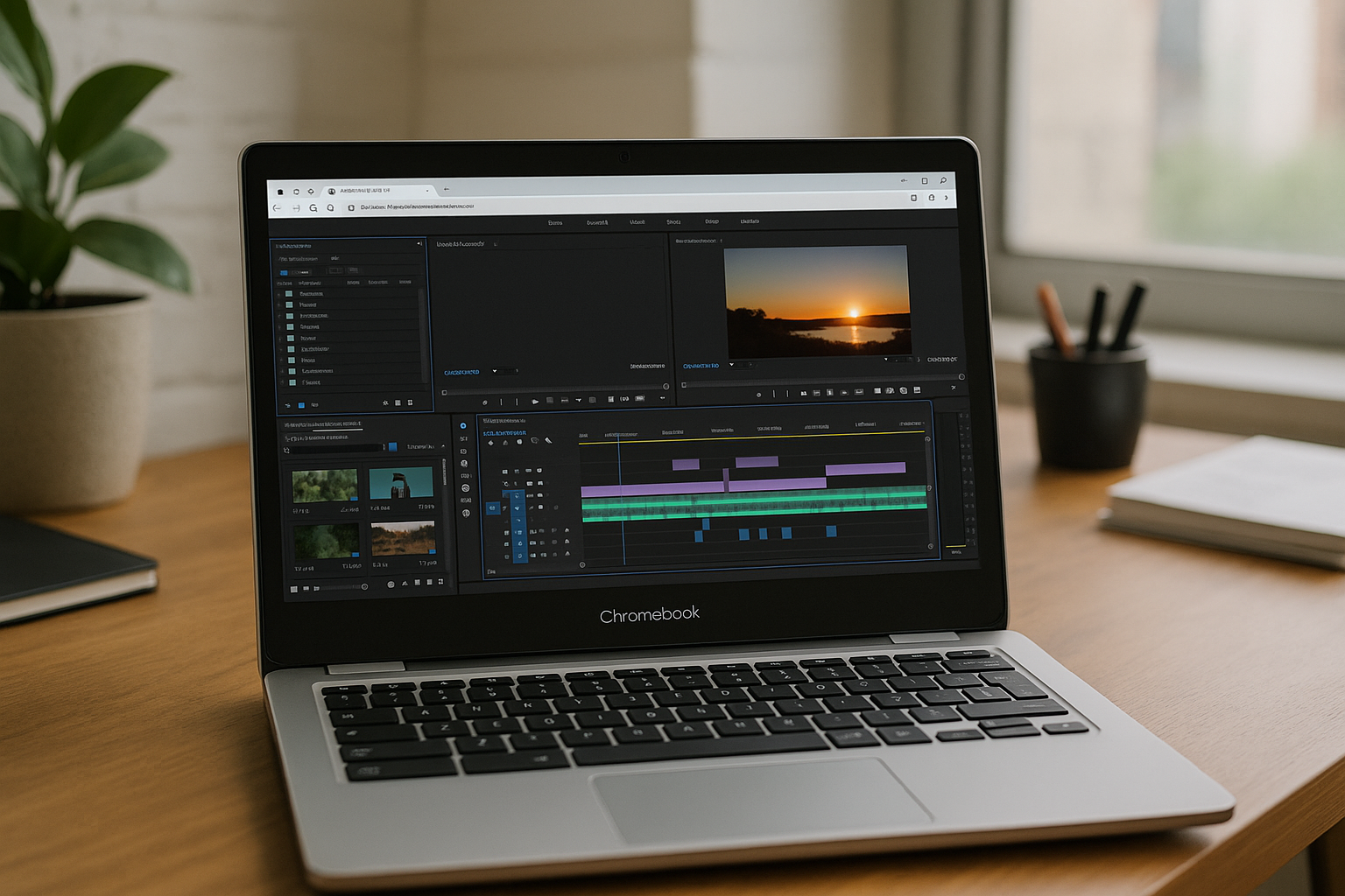 The best path to Premiere Pro on Chromebook: full desktop via browser - realistic Chromebook workspace with Premiere Pro