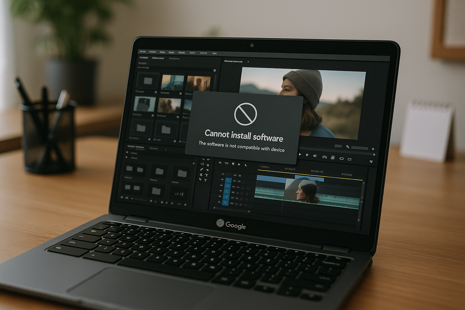 The problem with Adobe Premiere Pro for Chromebook editors - realistic Chromebook workspace with Premiere Pro