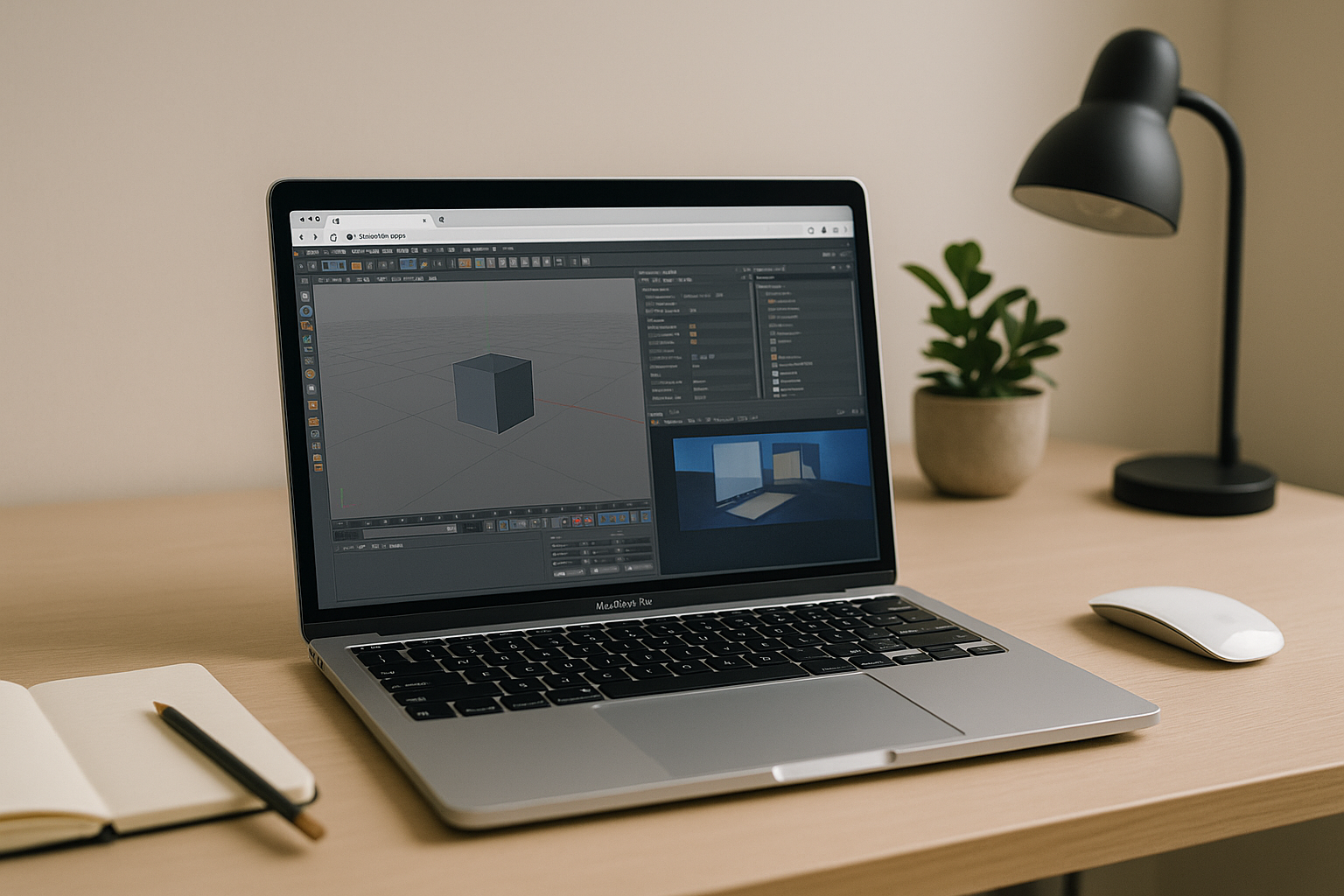 Artist rendering a complex Cinema 4D scene from a MacBook in a browser workspace