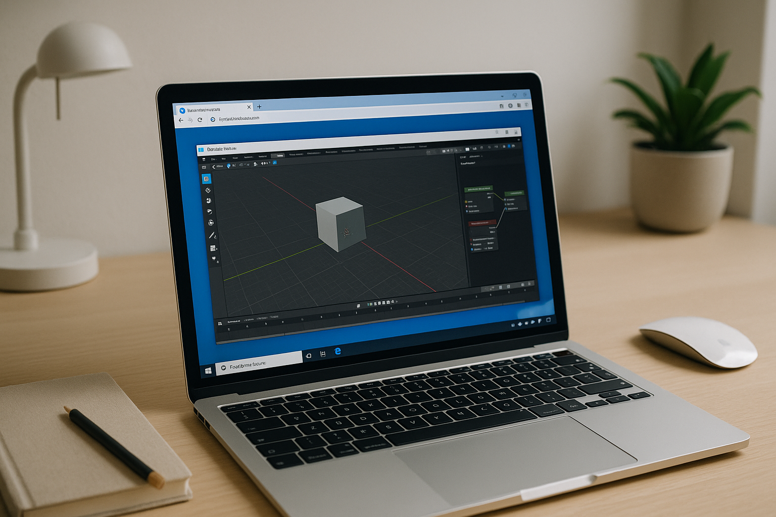 3D artist editing a Blender scene from a laptop browser workspace