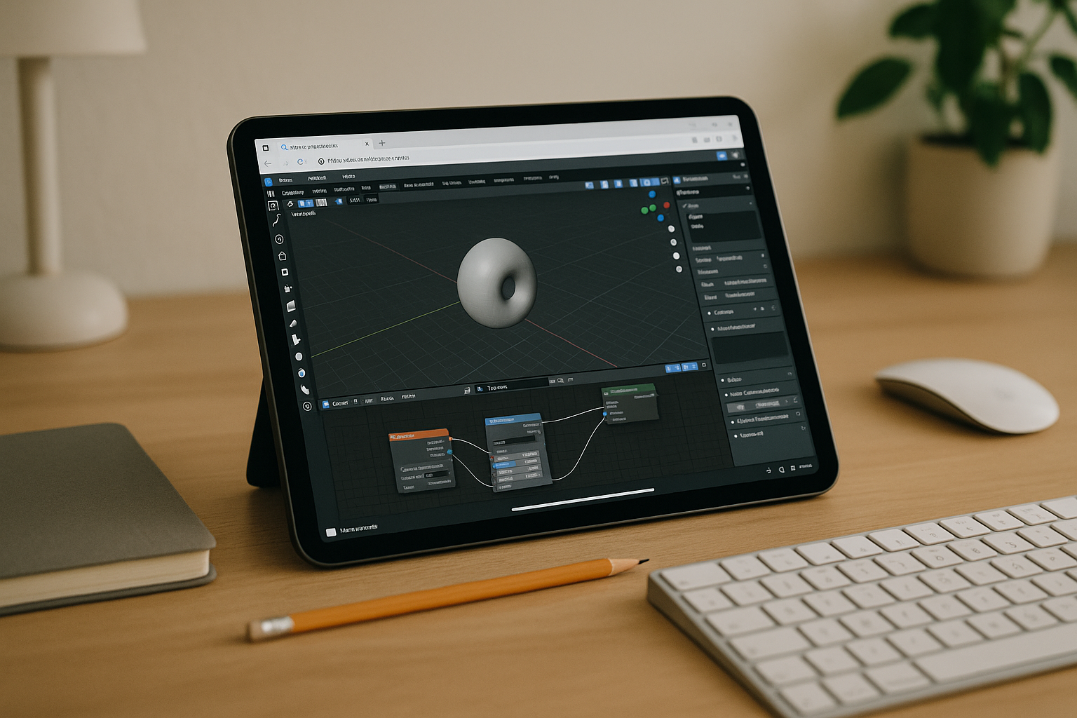 3D artist editing a Blender scene from a laptop browser