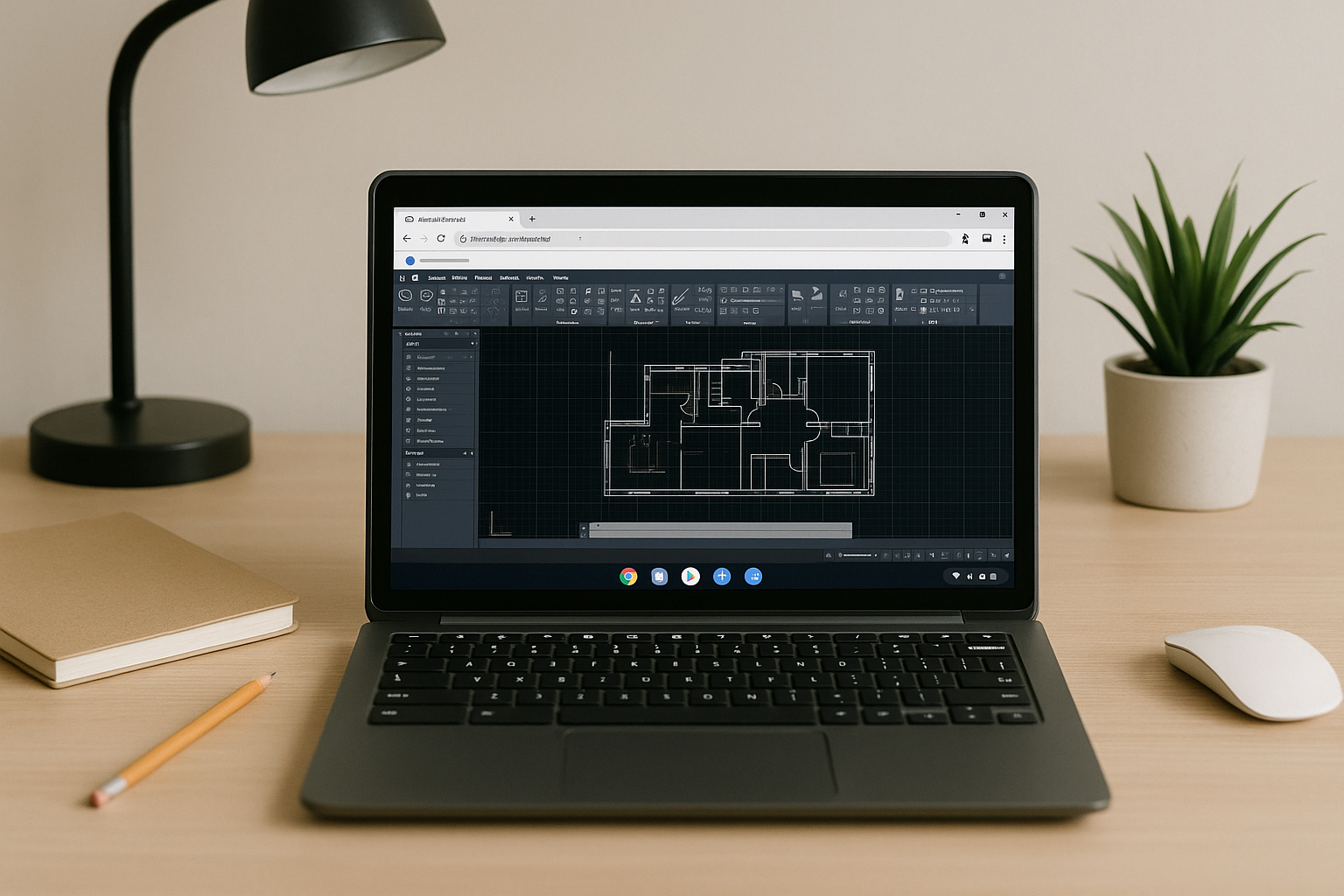 Architect using laptop to access AutoCAD through a browser-based workstation setup at desk with monitor nearby.