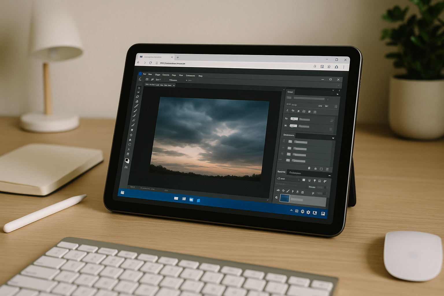 A designer working on a complex PSD file inside a browser cloud PC as one of the best Photoshop alternative for weak laptops.