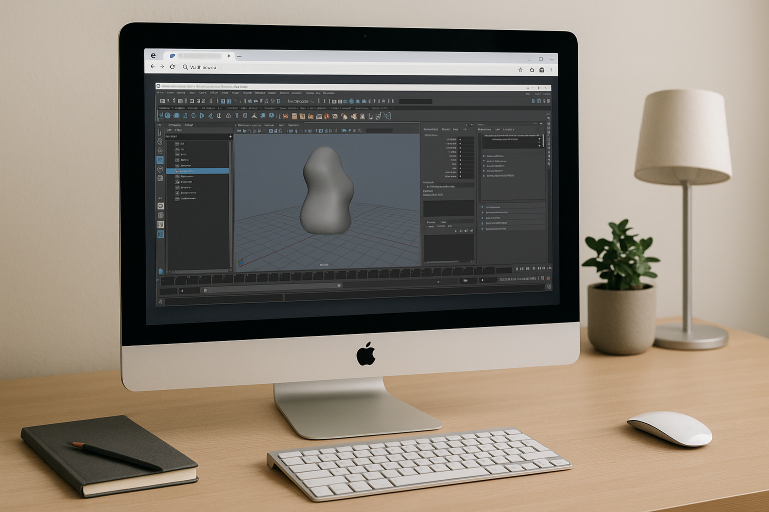 Designer opens Maya from a browser on a lightweight laptop in a studio.