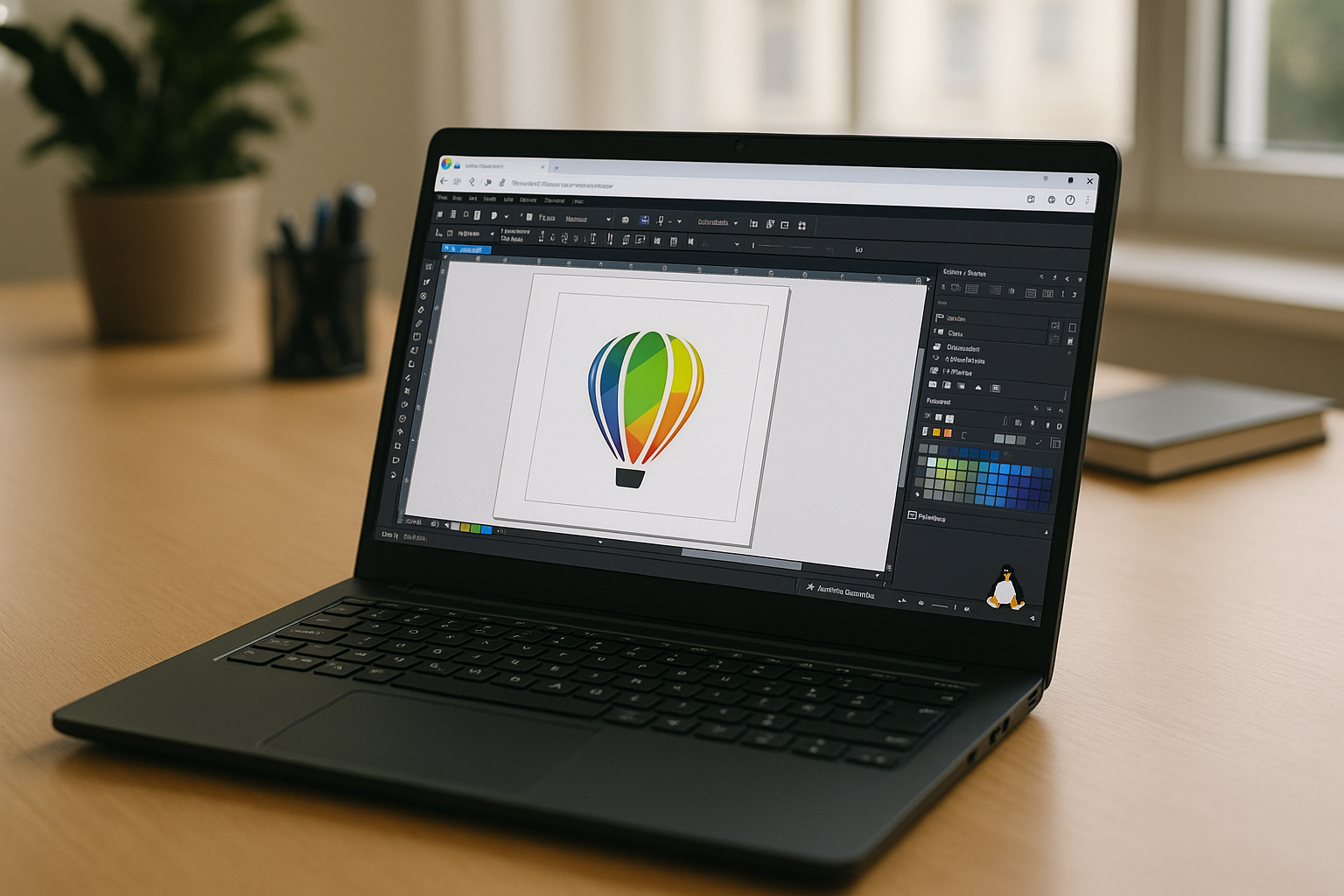 A practical path to CorelDRAW Linux compatibility without reboots - realistic Linux laptop workspace with professional desktop software
