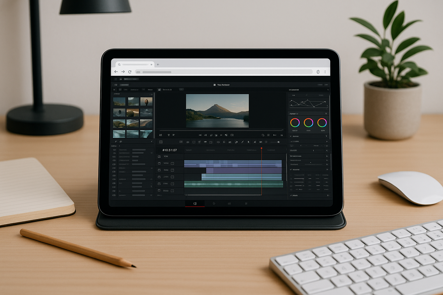Editor running DaVinci Resolve video editing software on Cloud PC from a lightweight laptop