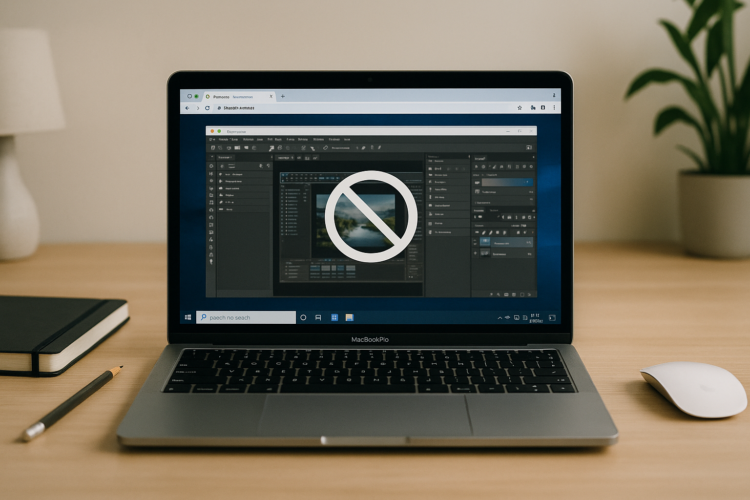 Professional using Virtual Desktop OS X via cloud PC from a MacBook in a clean modern office
