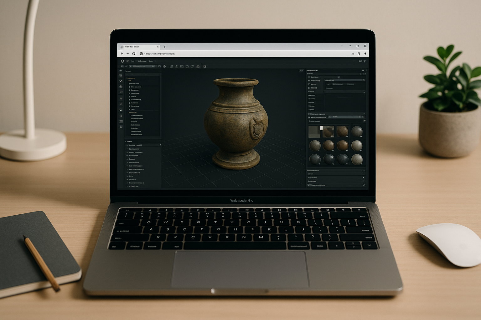 3D artist running Marmoset Toolbag 5 in browser on a cloud PC from a laptop