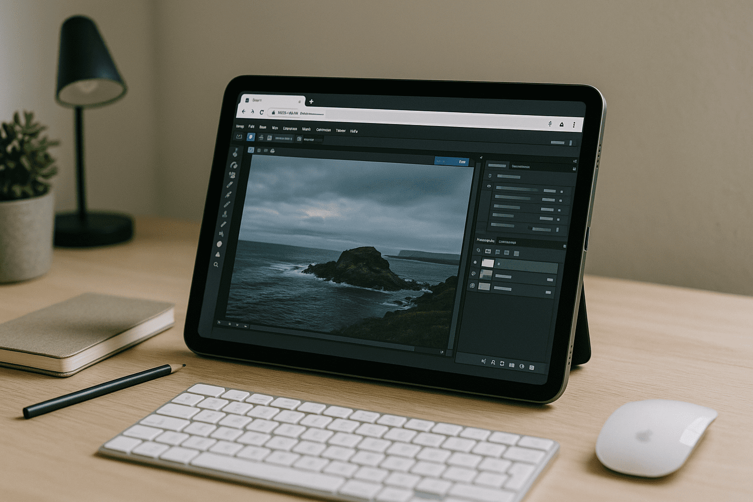 Designer using online Photoshop software via cloud PC from a lightweight laptop