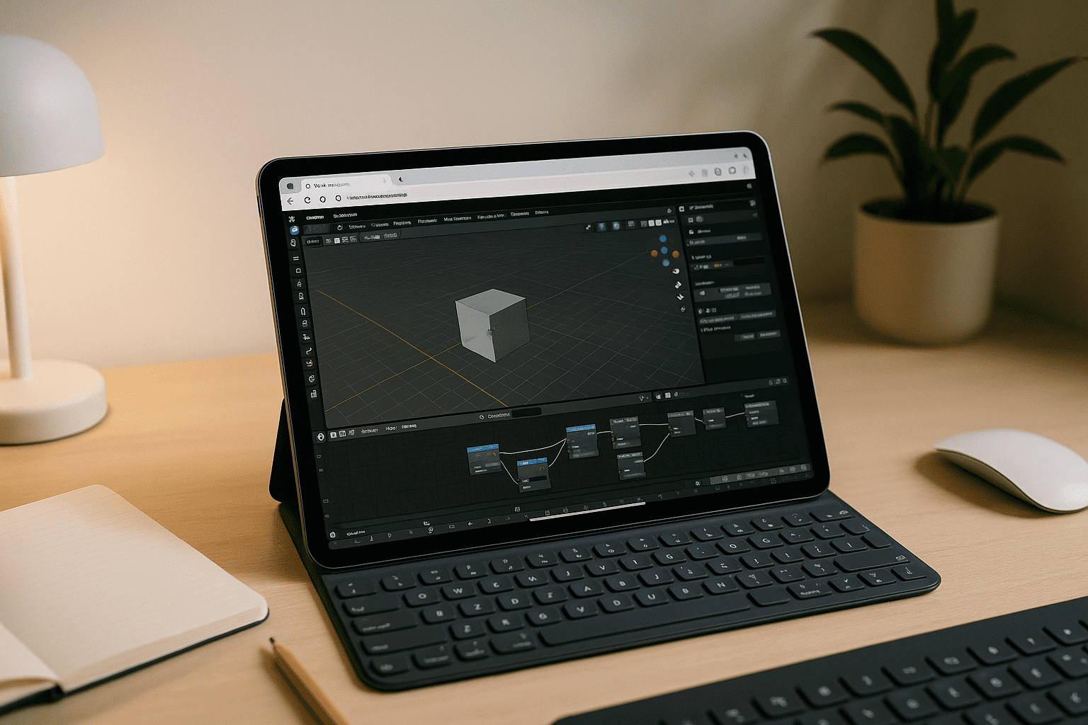 3D artist running Blender on tablet through cloud PC in a bright studio