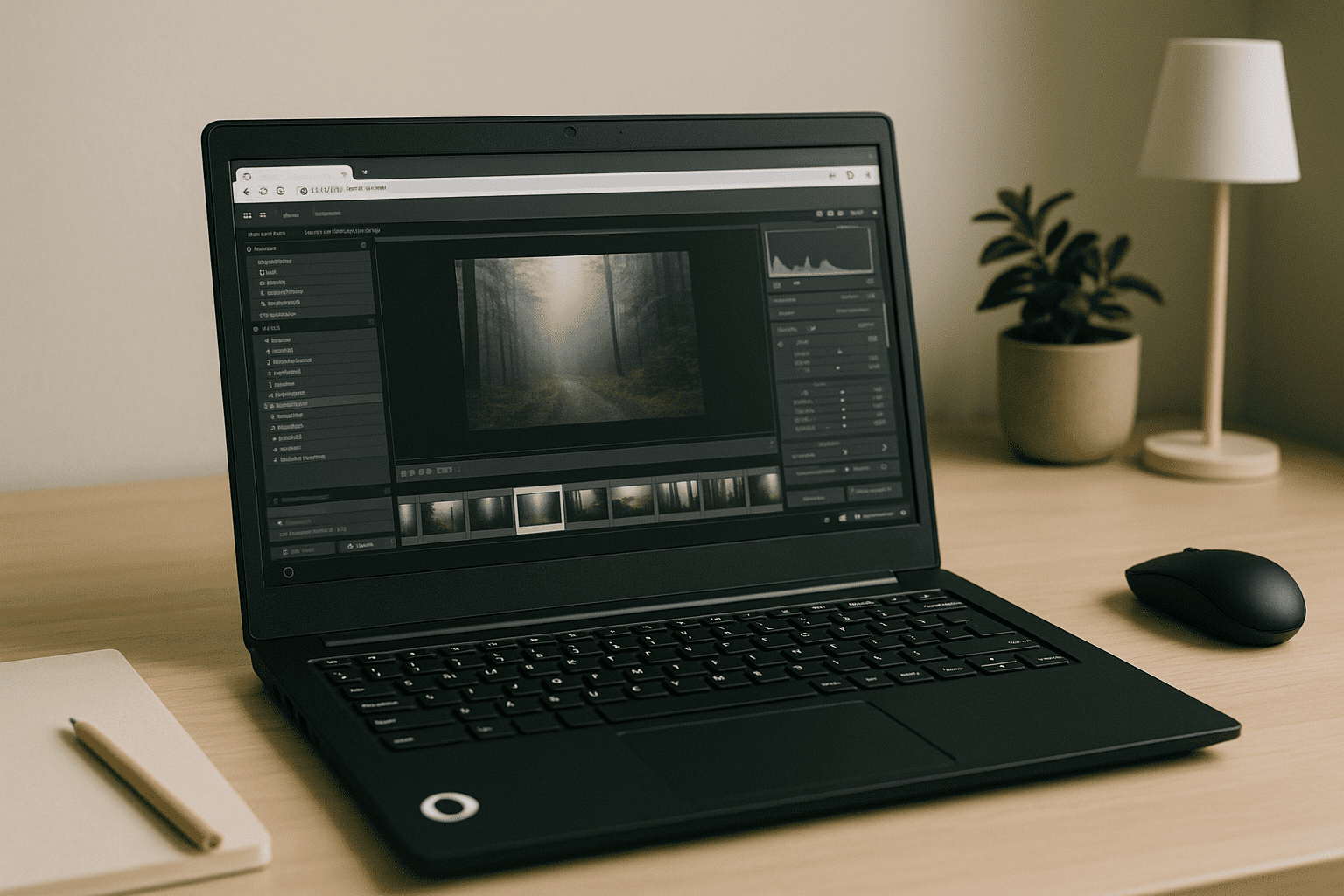 Photographer using Linux Lightroom equivalent through a cloud PC in a browser workspace