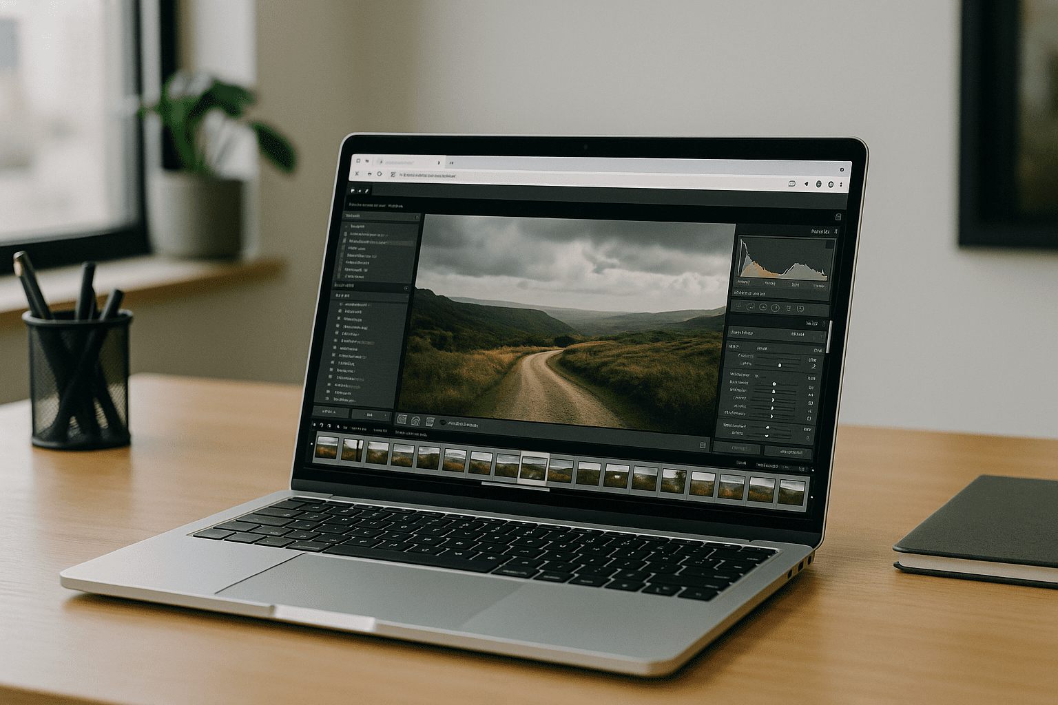 A Practical Lightroom for Linux: Instant Access in Browser - laptop running professional desktop software