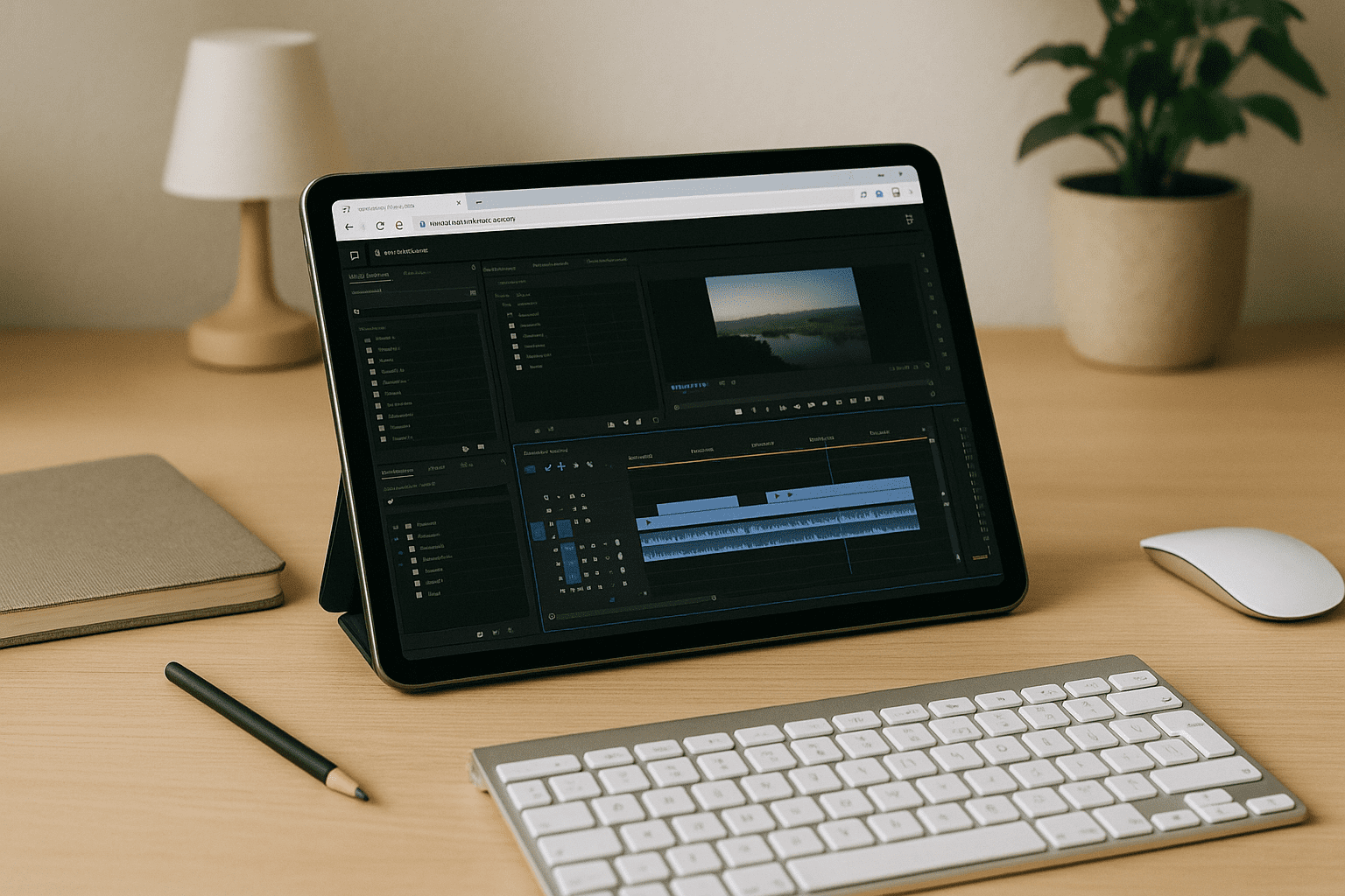 Video editor running Adobe Premiere Pro Online inside a browser-based cloud PC workspace on a laptop
