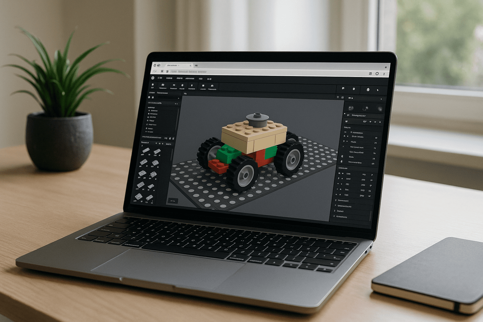 Designer using LEGO Bricklink Studio in a browser-based cloud PC from a laptop at a desk