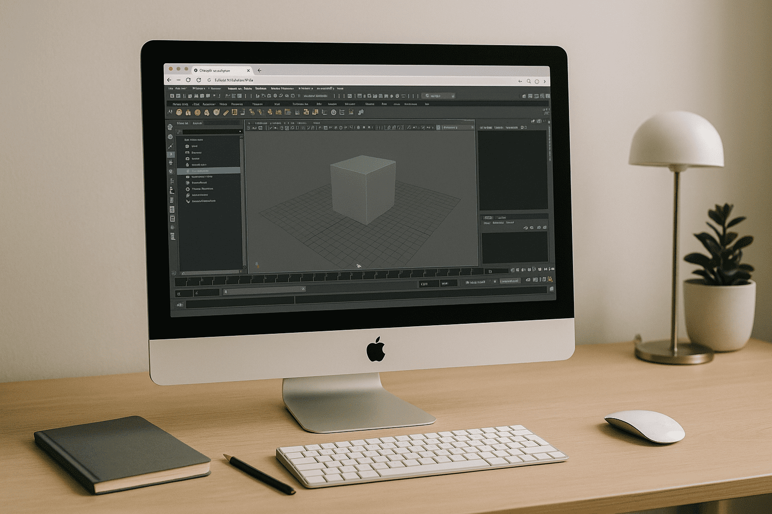 Designer using Software 3D Maya through a browser-based cloud PC on a laptop