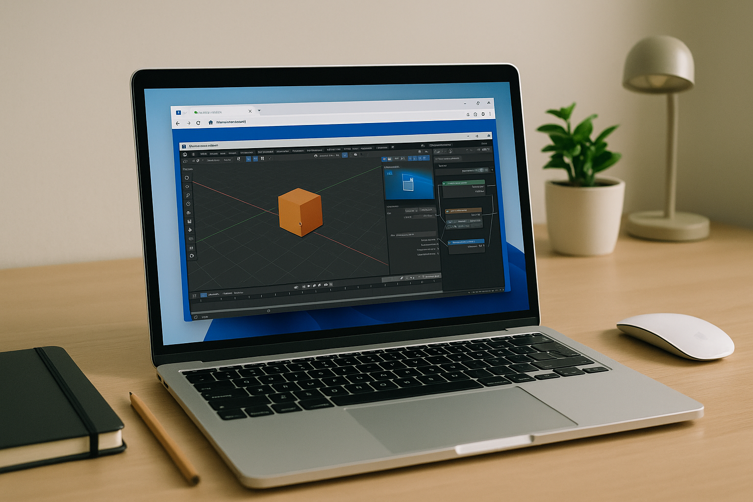 3D artist running Blender Online through cloud PC from a lightweight laptop in a modern studio
