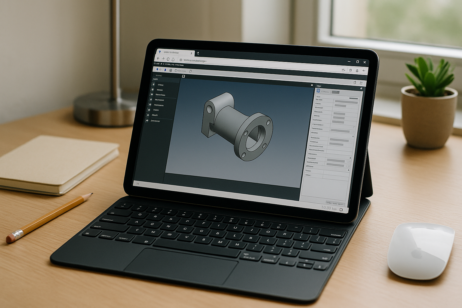 Engineer using Software FreeCAD in a browser through a cloud PC workspace on a laptop
