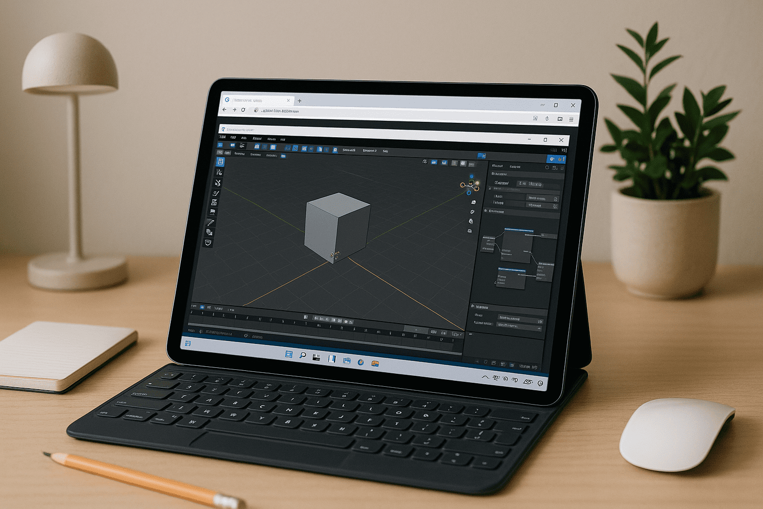 Artist running Blender 3D Software in a browser-based cloud PC from a thin laptop