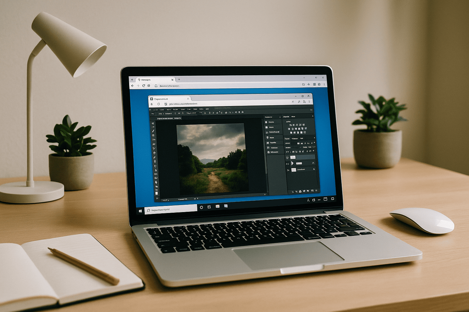 Designer using online Photoshop software through a cloud PC on a thin laptop