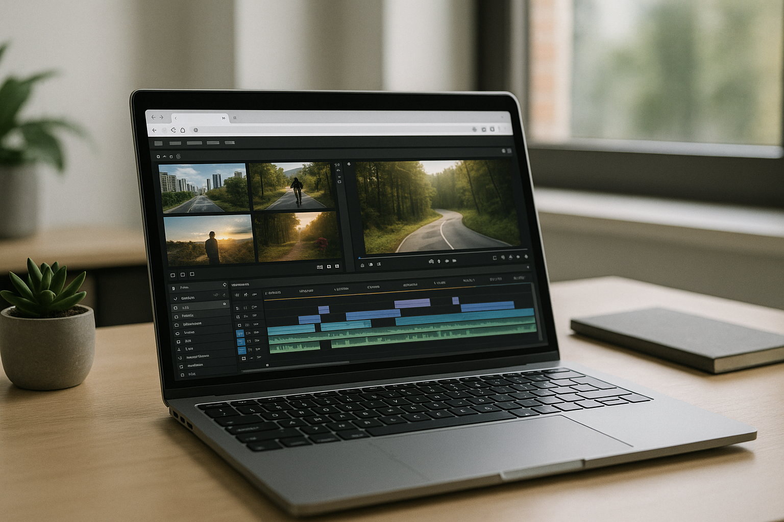 Editor using software Vegas Pro in a browser-based cloud PC workspace on a laptop