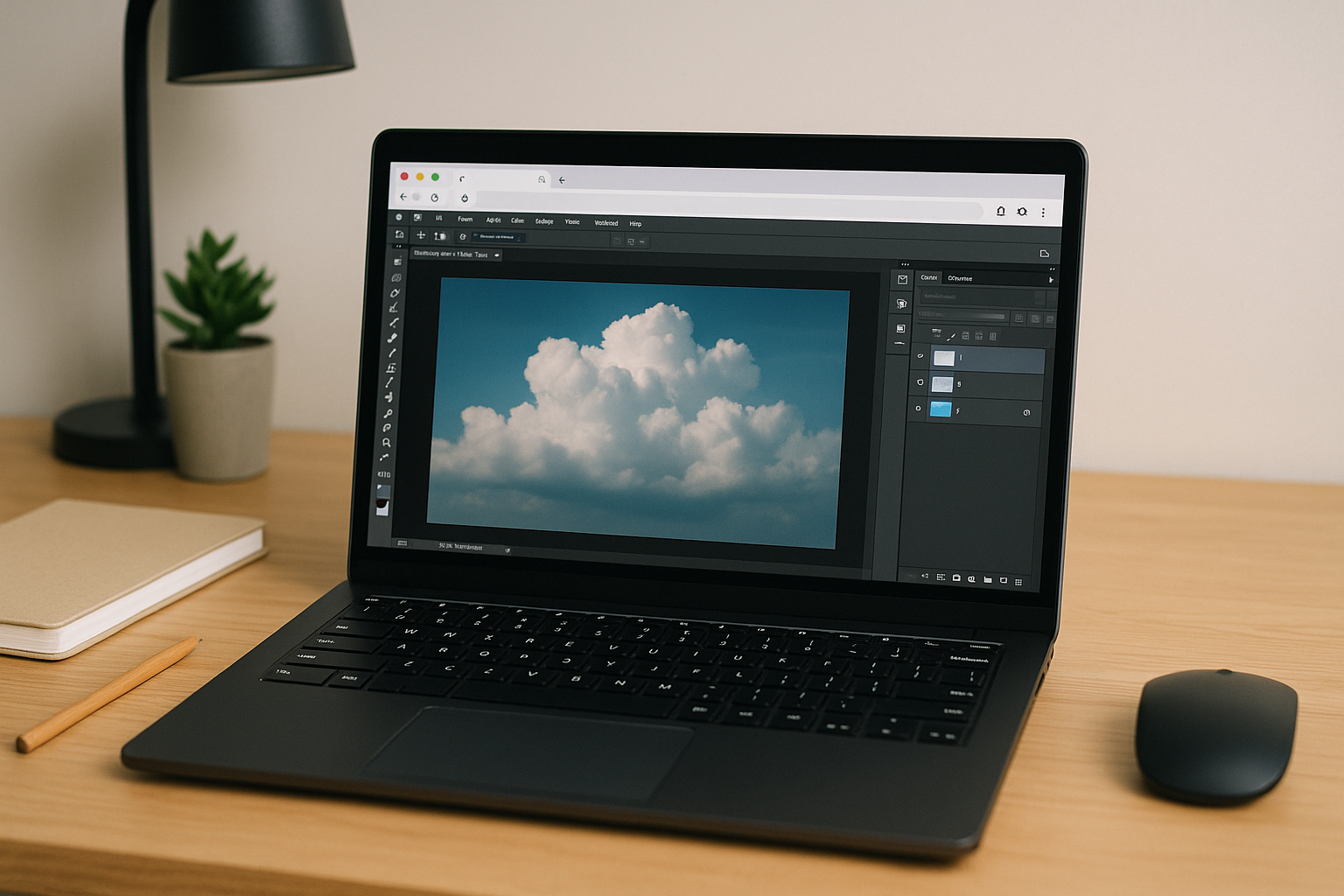 Designer running Photoshop for Linux through a cloud PC workspace on a laptop