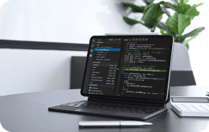 Developer using VS Code Android through a cloud PC in a mobile browser workspace