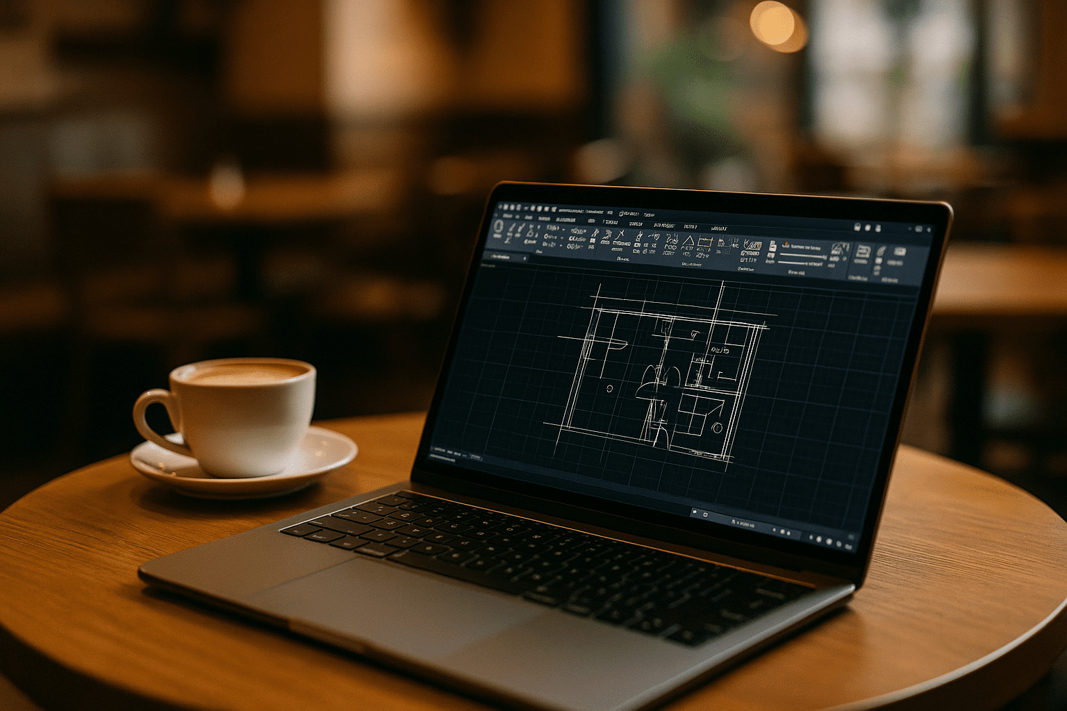 When You Need Online AutoCAD Software for Full Desktop Workflows - modern laptop with AutoCAD in café
