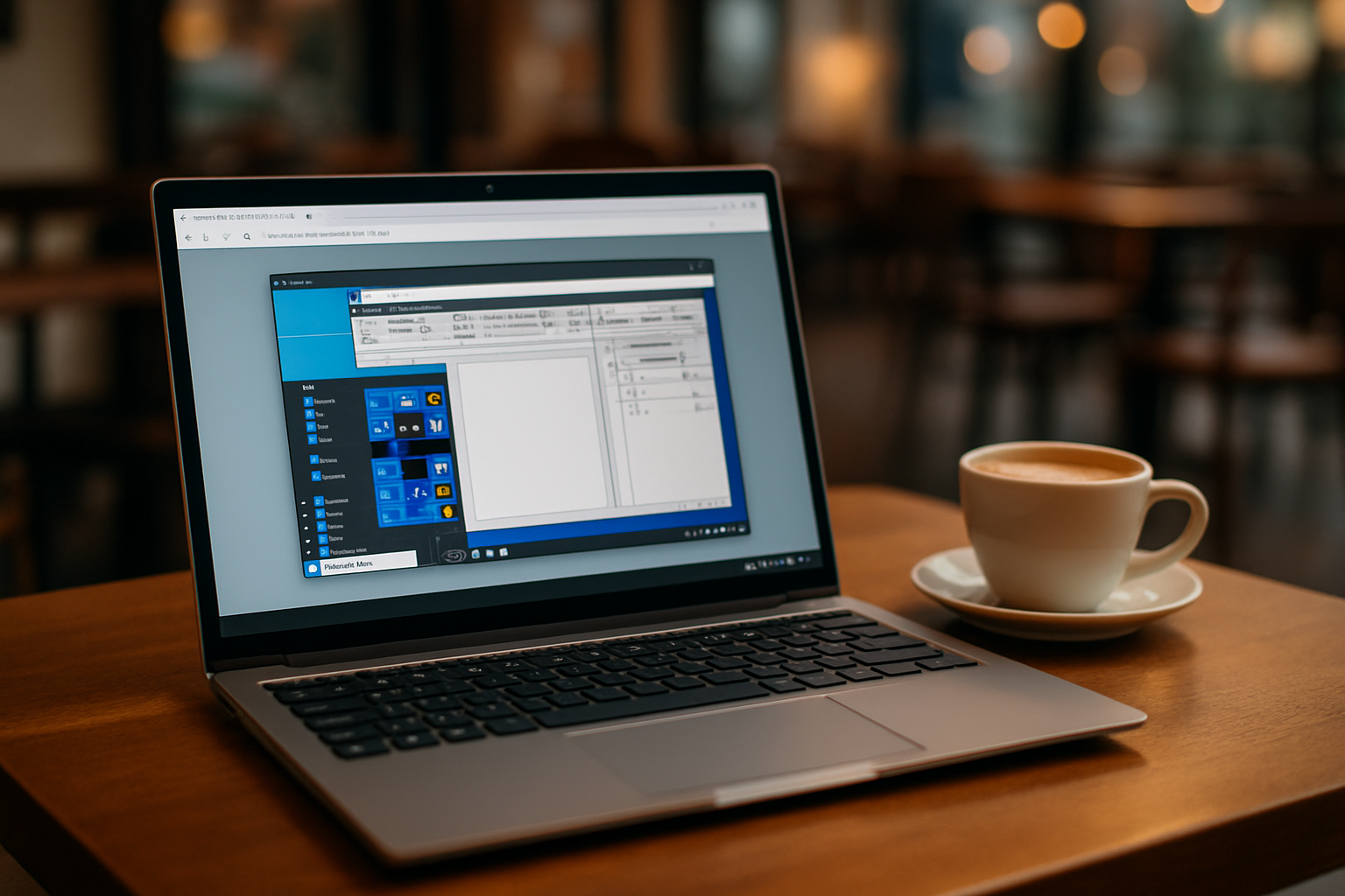 Open a cloud pc in browser when desktop apps won’t start - modern laptop with professional desktop software in café