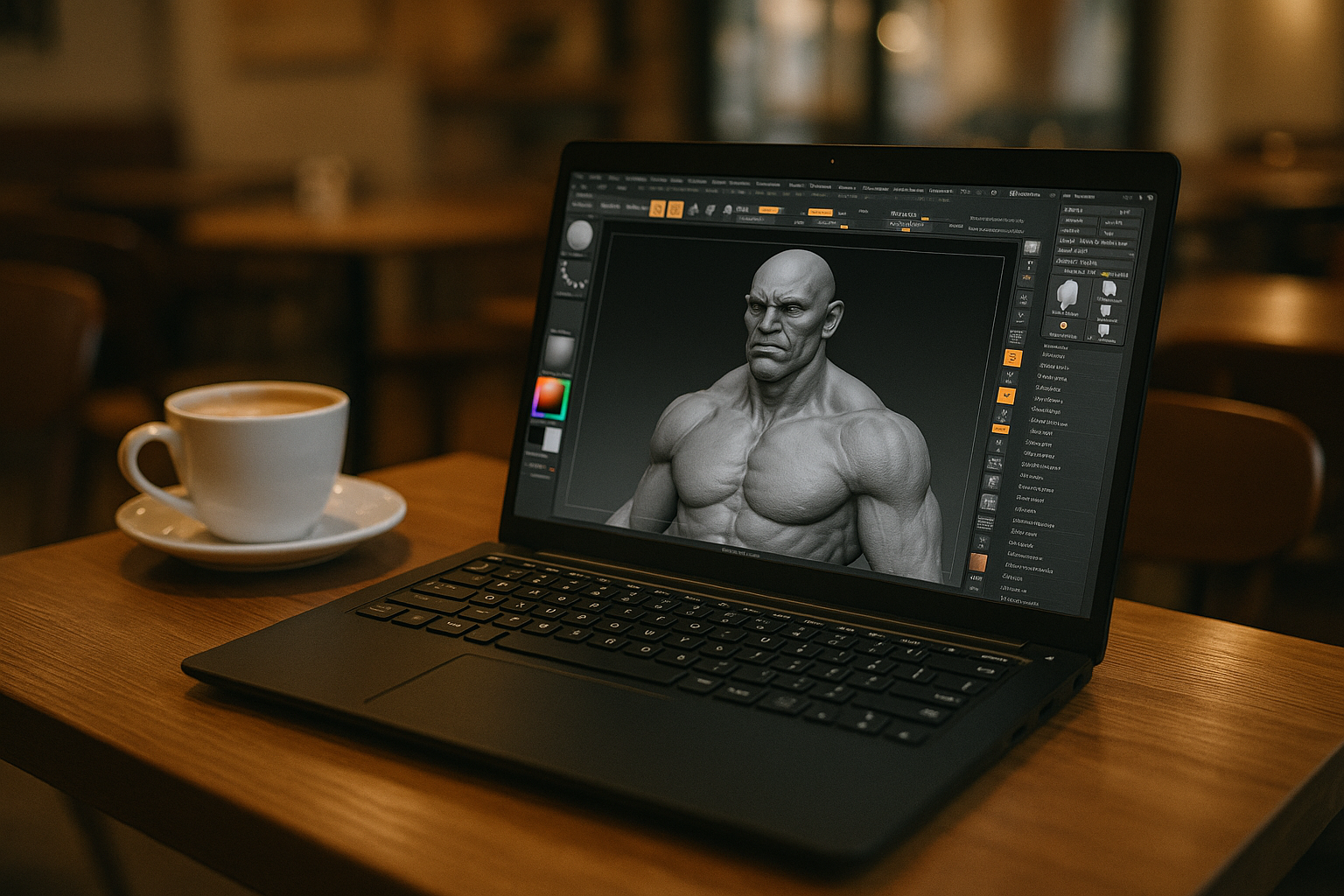 Production challenges of ZBrush on Linux for studio workflows - Linux laptop with ZBrush in café