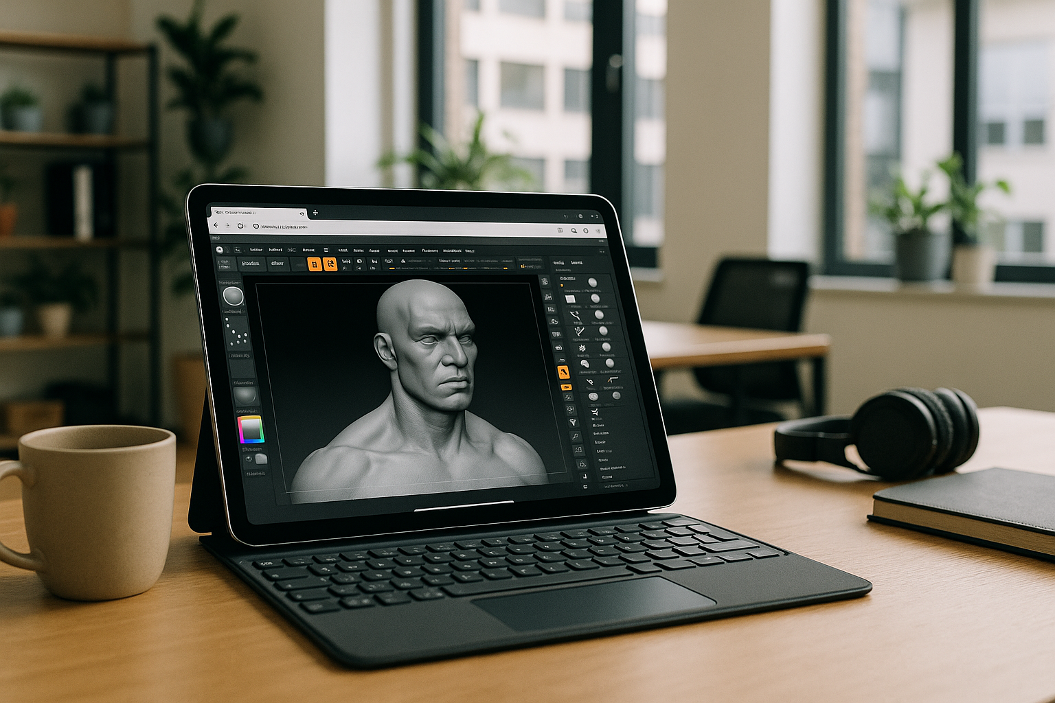 Artist using ZBrush iPad through cloud PC in a browser-based workspace