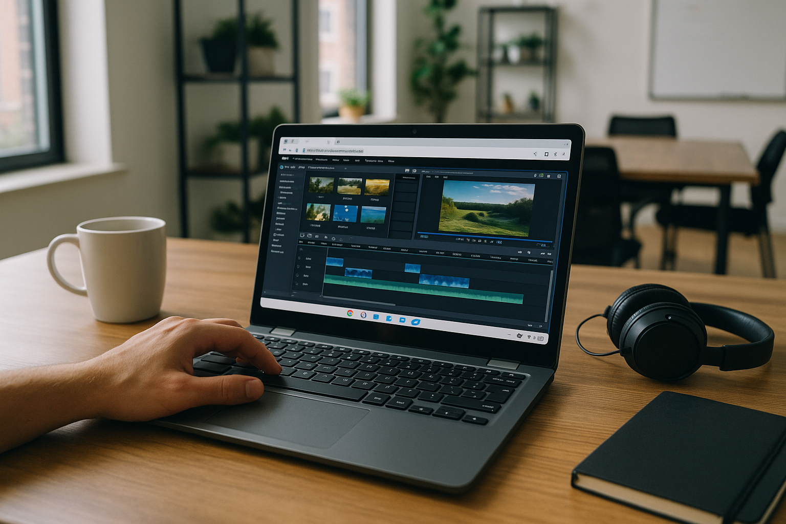 Professional editor running Corel Videostudio through a browser-based cloud PC environment