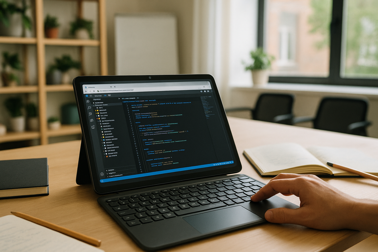 Developer running Visual Studio Code for Android through a cloud PC in a tablet browser