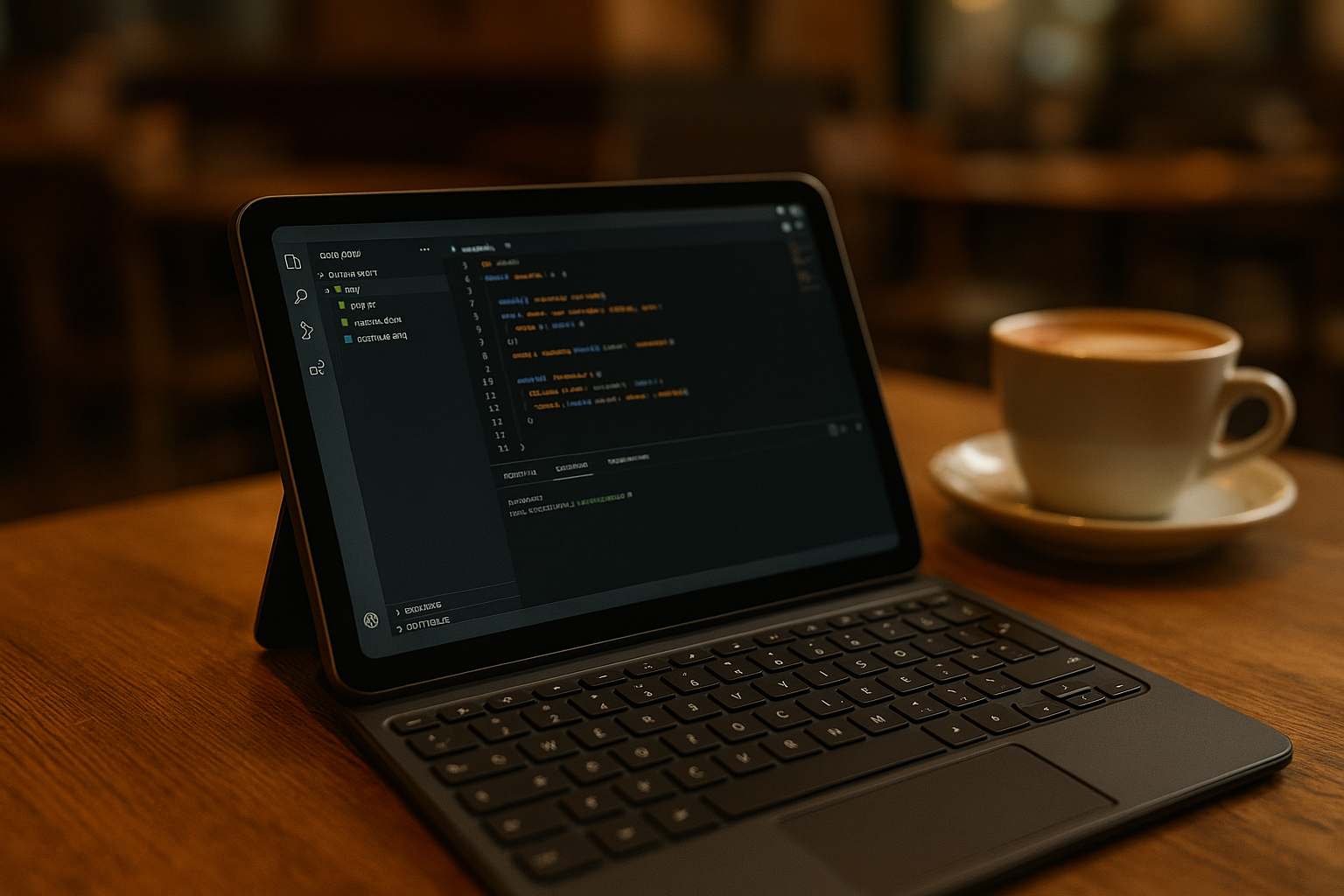 The Real Challenge With Visual Studio Code for Android - Android tablet with VS Code in café