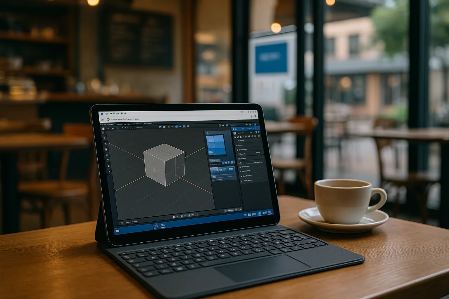 User running Blender on tablet through cloud PC for 3D modeling