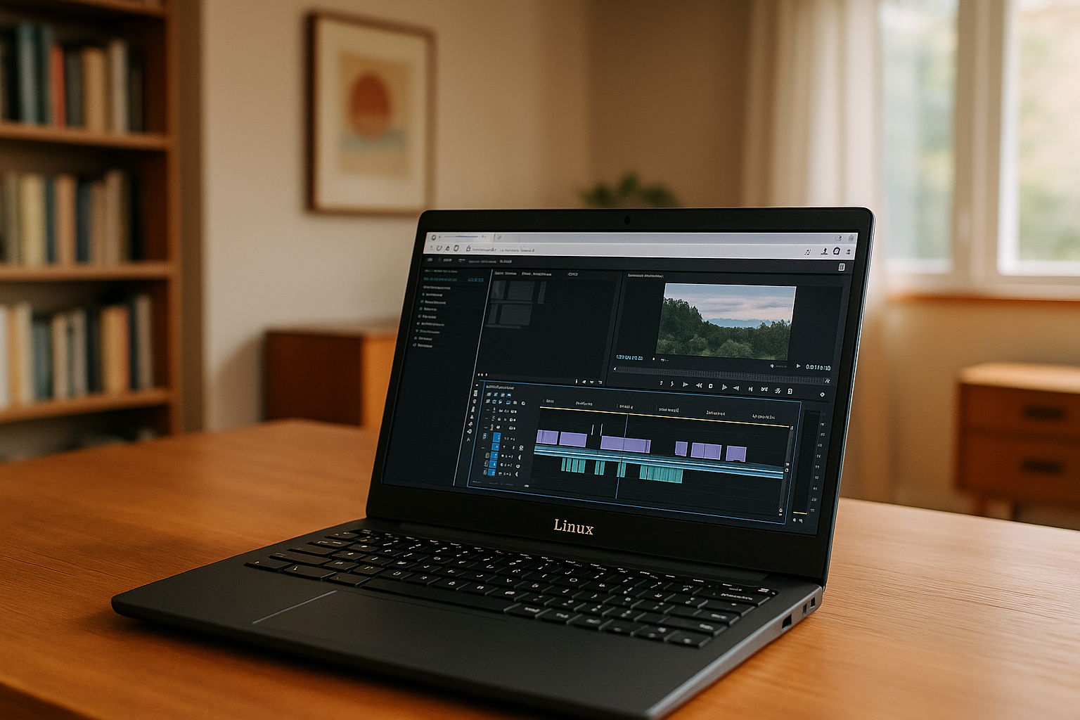 Video editor working with Premiere Pro on laptop through cloud PC