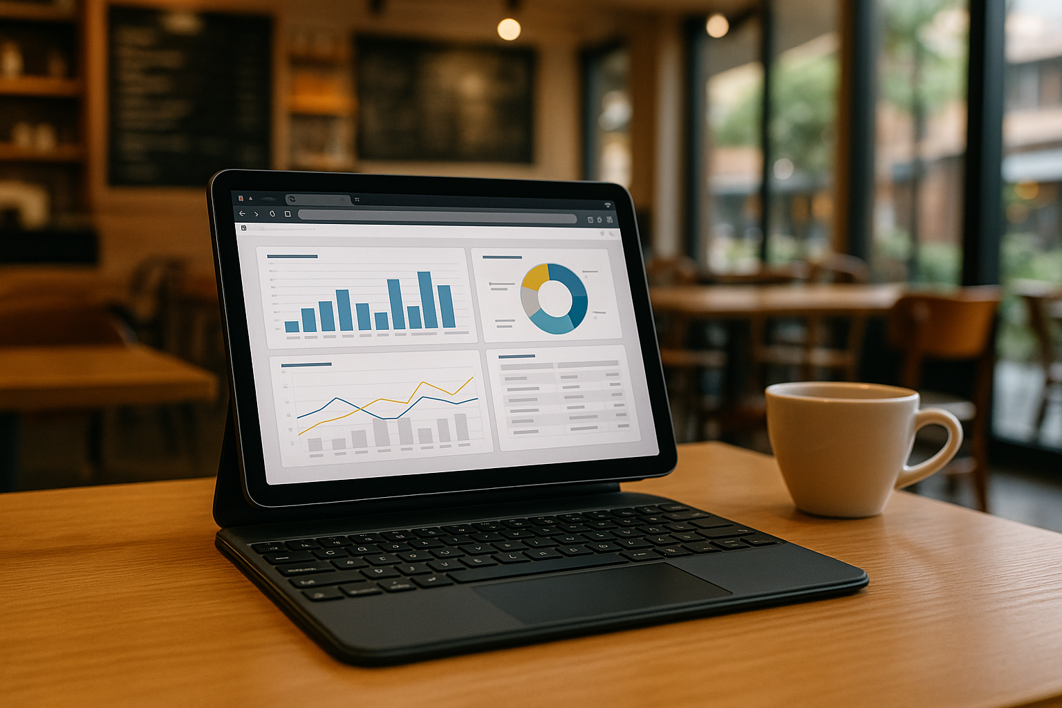 Data analyst utilizing Power BI Tablet for analytics via cloud PC