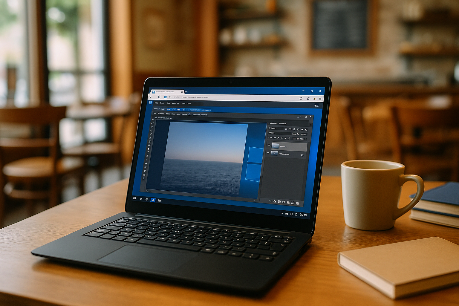 Designer using Photoshop Alternative Linux workflow via Cloud PC on a laptop in studio
