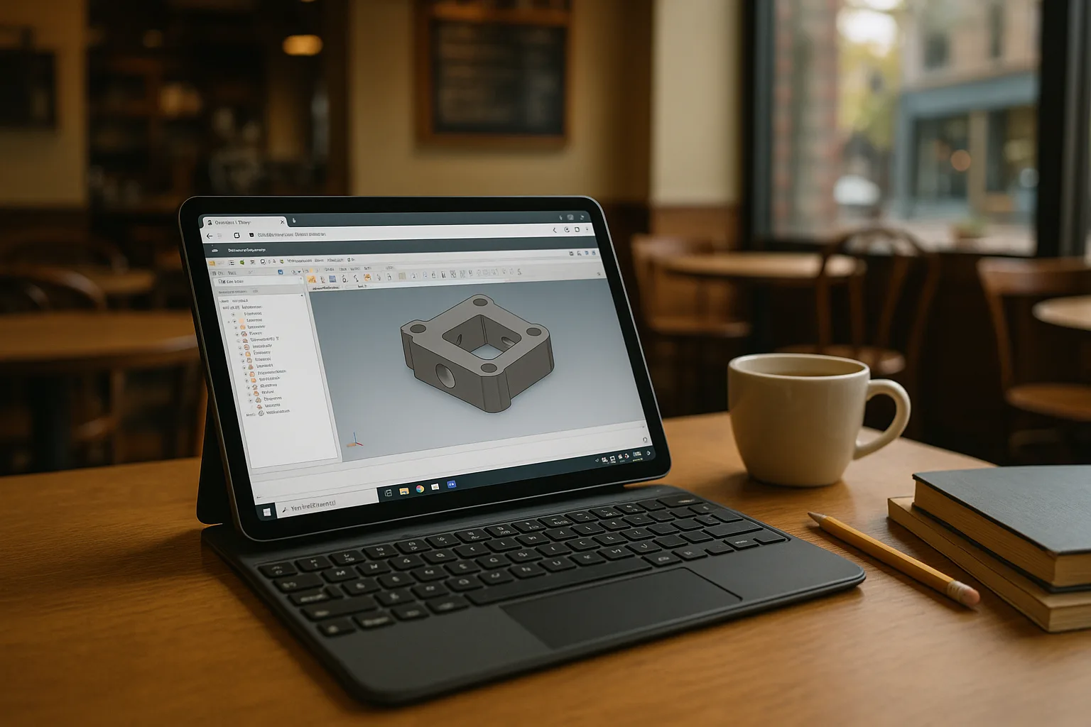 Engineer working on iPad Inventor through a cloud PC workspace in a bright studio