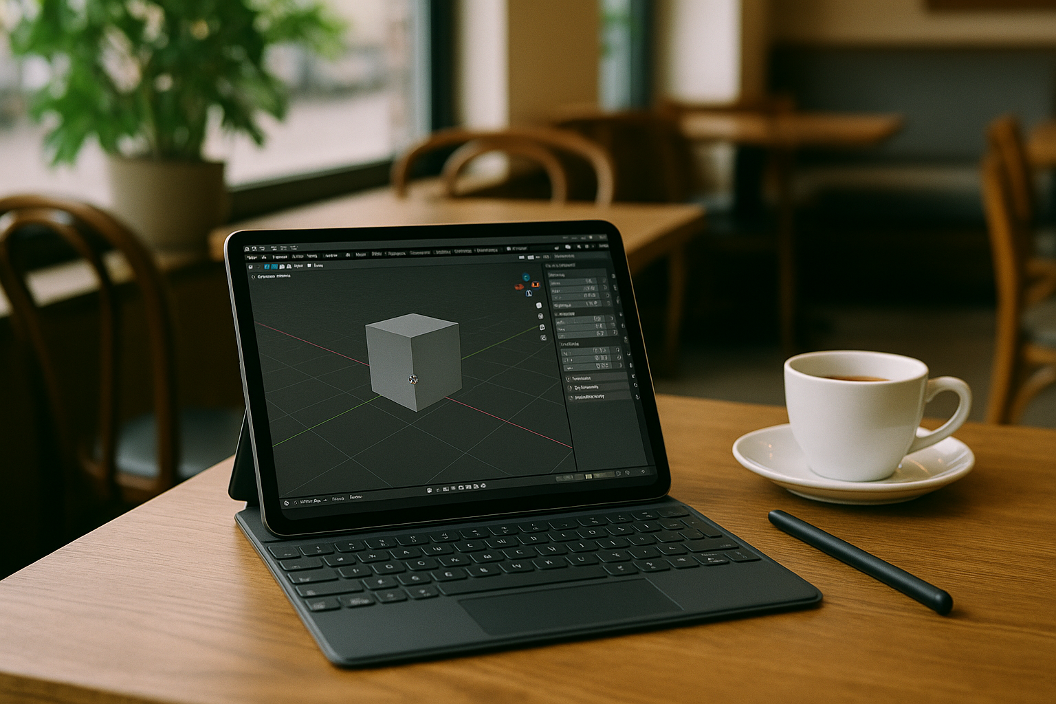 Designer working with Blender on tablet through cloud PC