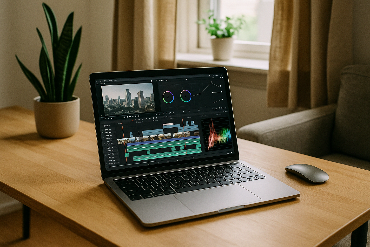 Video editor working with DaVinci Resolve video editing software on laptop using cloud PC