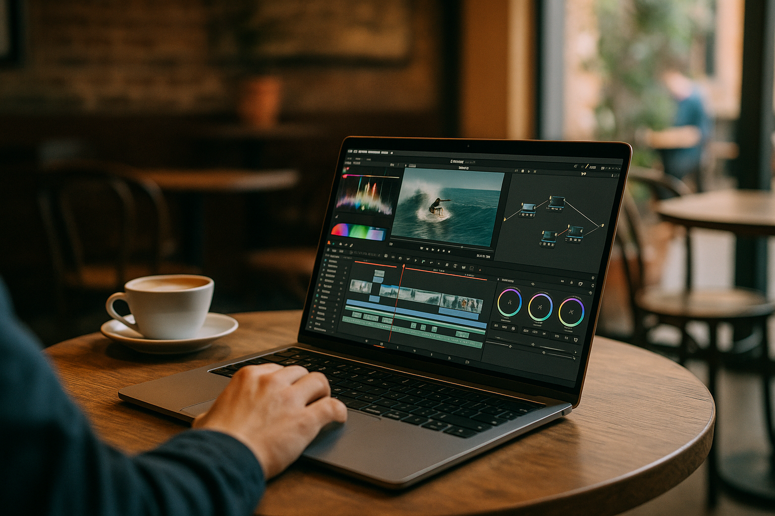 User utilizing DaVinci Resolve video editing software on laptop browser through cloud PC