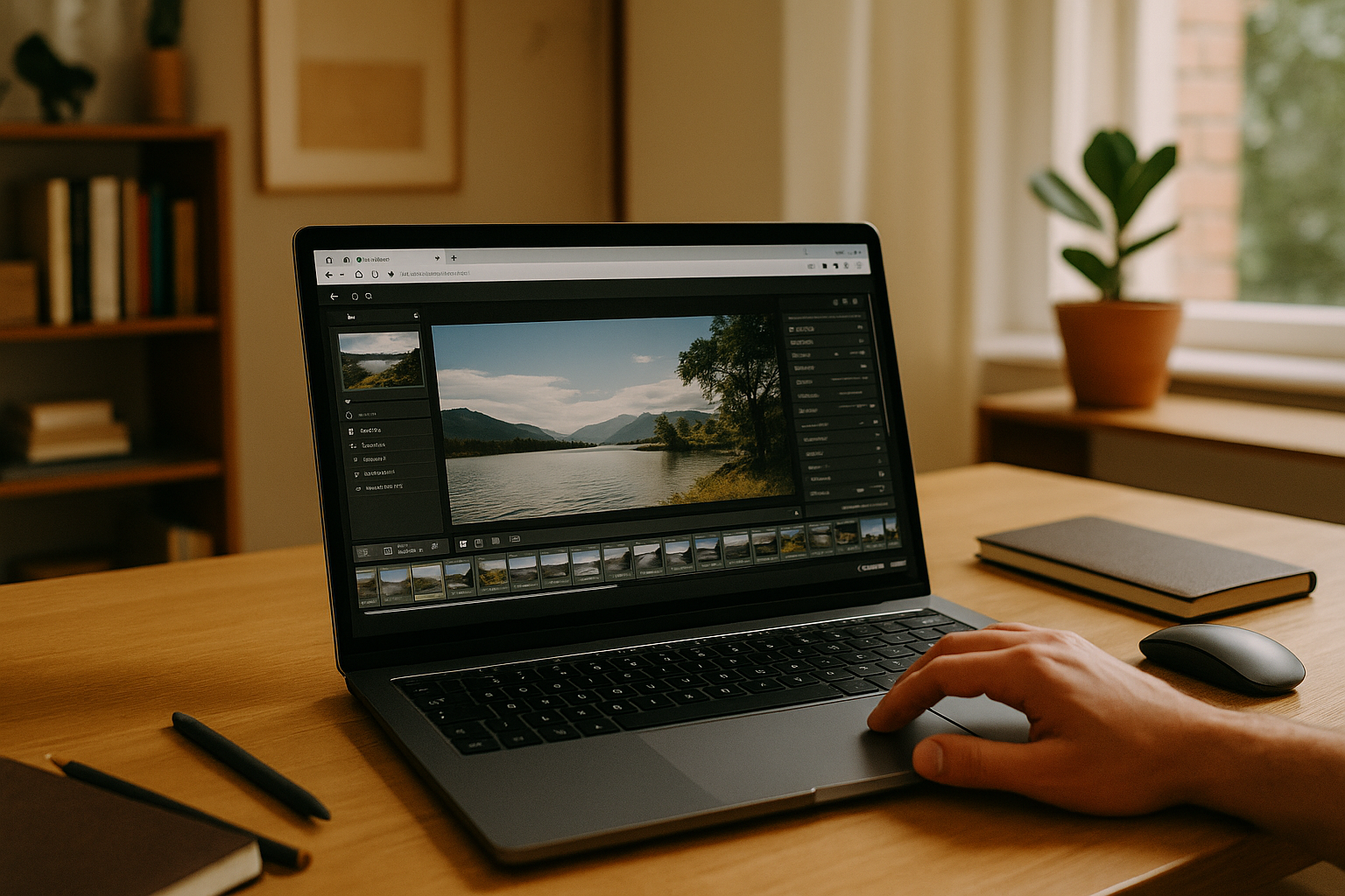 Photographer using Online Lightroom on a browser-based cloud PC from a laptop workstation