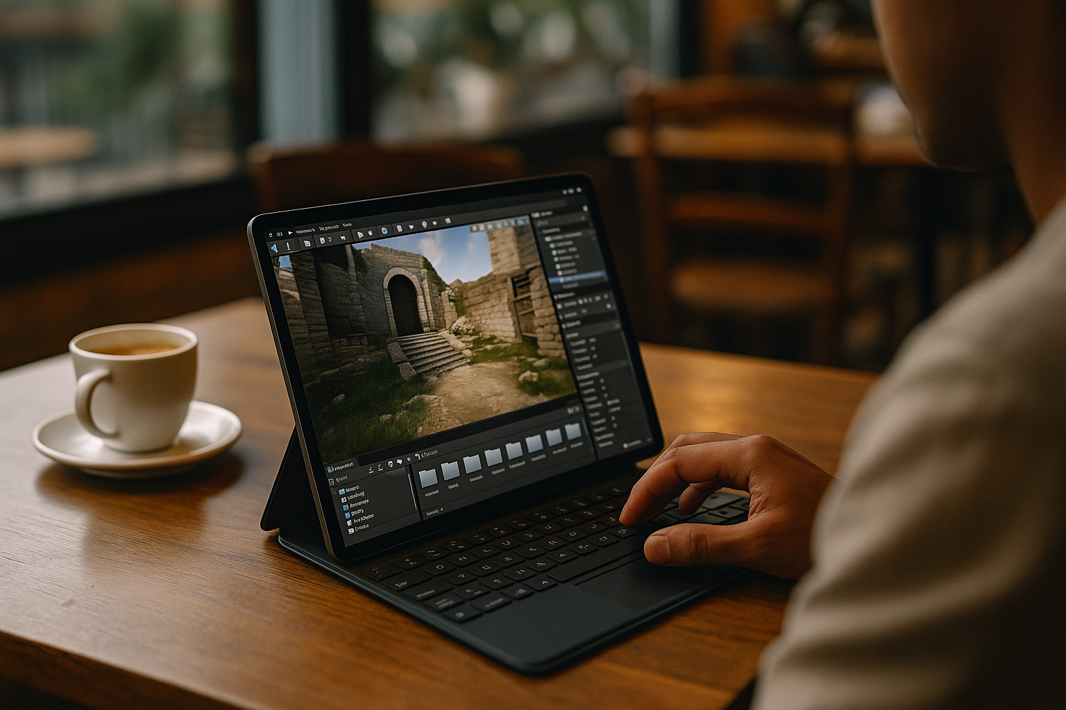 Game developer testing Unreal Engine features on an Android tablet using cloud PC