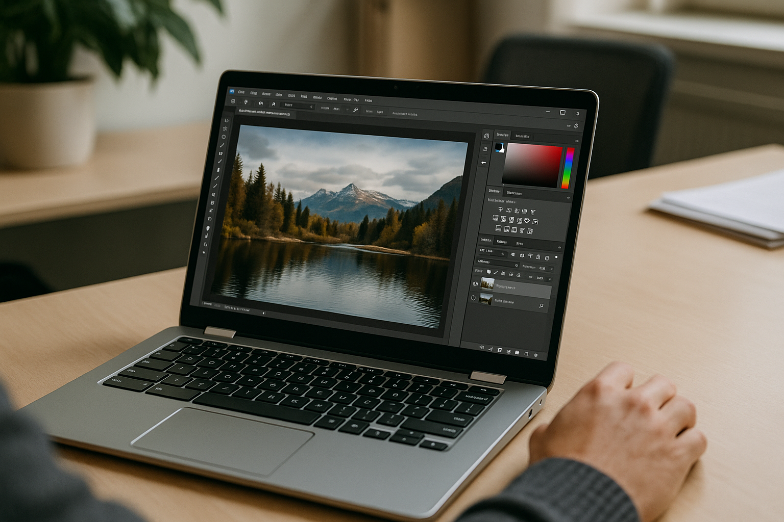 Designer using Photoshop Chromebook workflow through a cloud PC browser